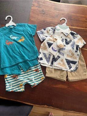 pl.baby Teal Dino Kids Matching Set - Short Sleeve Top & Striped Shorts